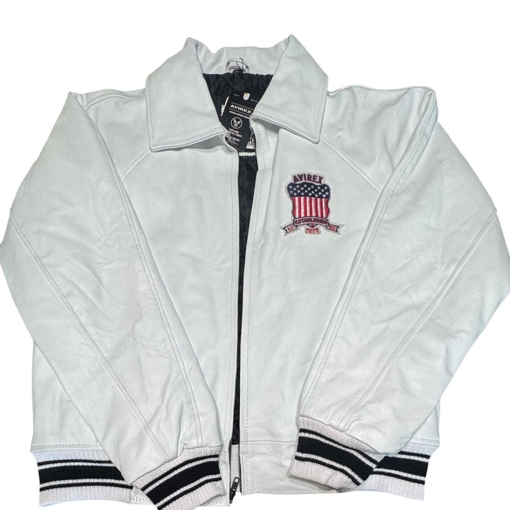 Avirex Leather Jacket Mens XL Embroidered USA Varsity Bomber White